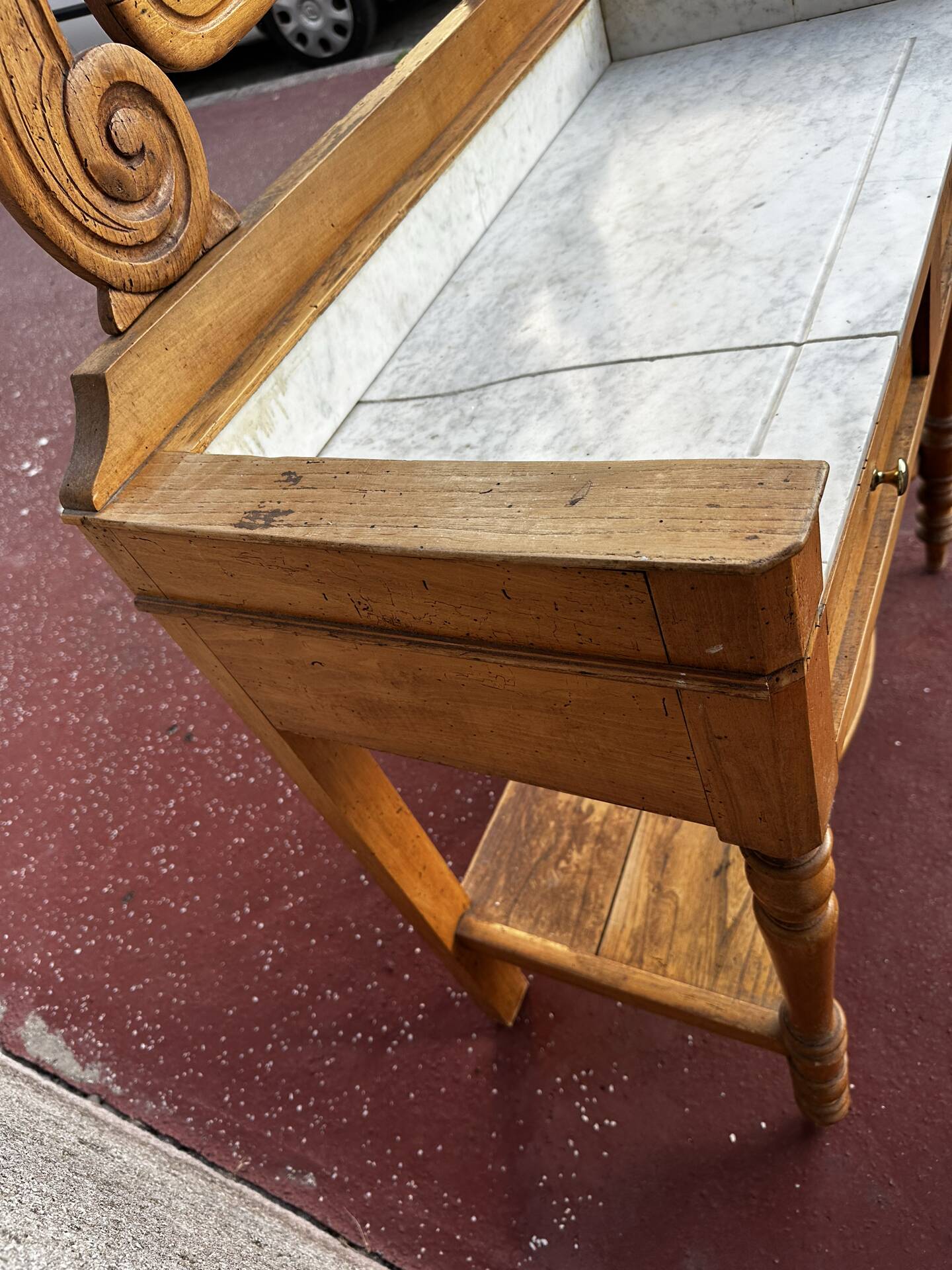 Walnut and marble dressing table, mercury mirror, circa 1850.