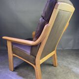 Chocolate leather armchair, wooden structure