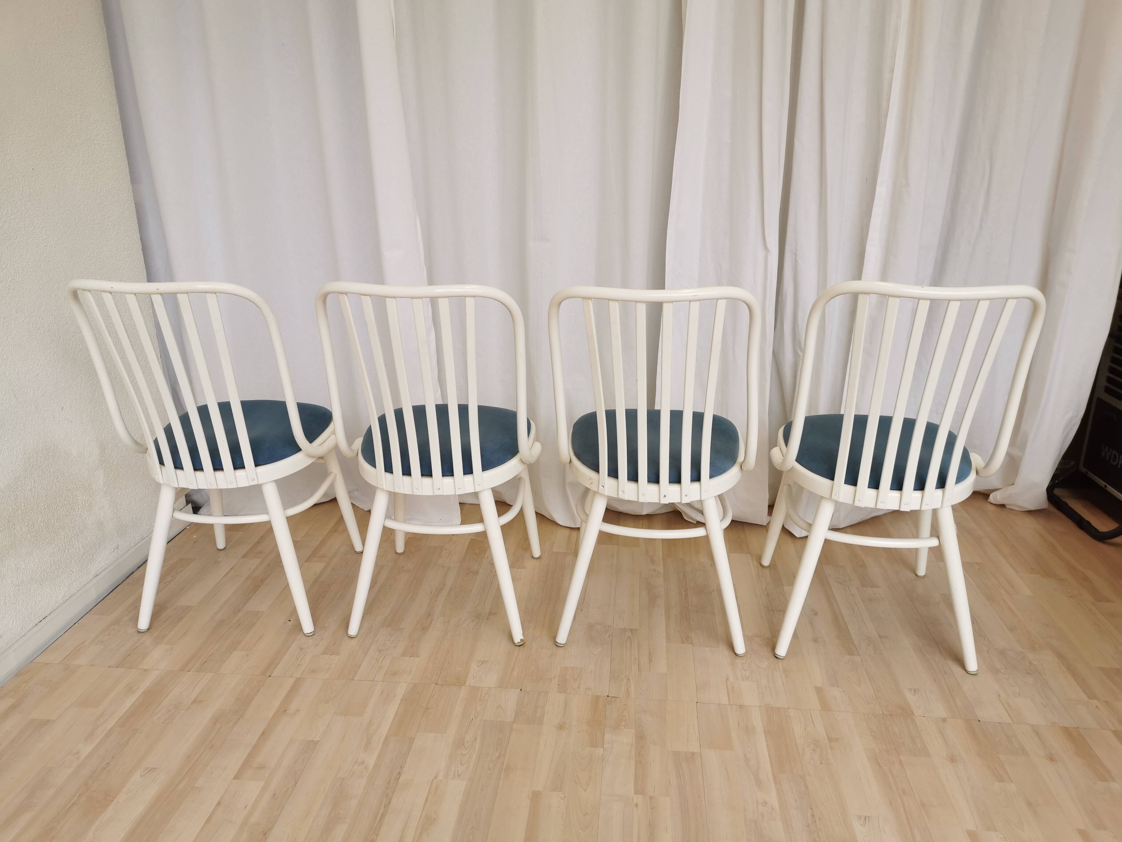 Set of 4 Vintage Bentwood White Dining Chairs in Ligna Style wit Blue Seat
