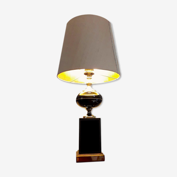 Lampe de table en laqué noir et laiton Maison Barbier France vers 1970