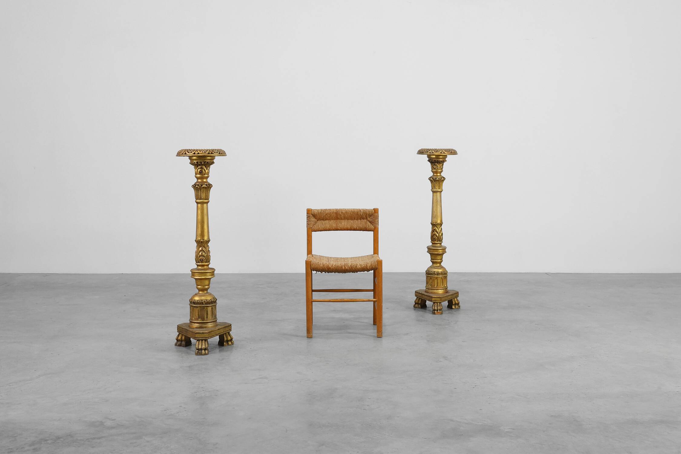 Pair of Gilt Wooden Pedestals with Plaster Decoration, France 19th Century