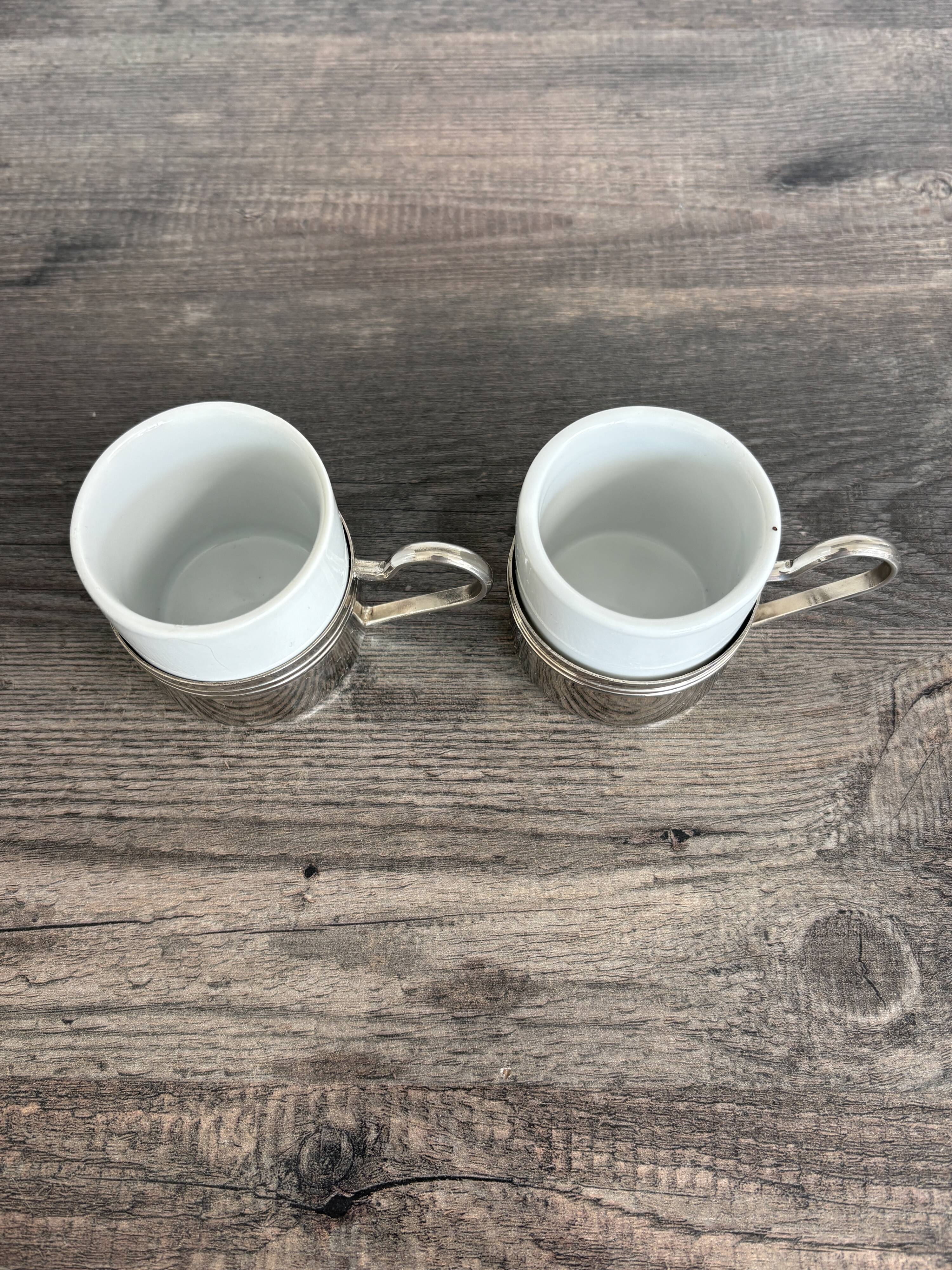 Set of 2 vintage porcelain cups with silver metal stand