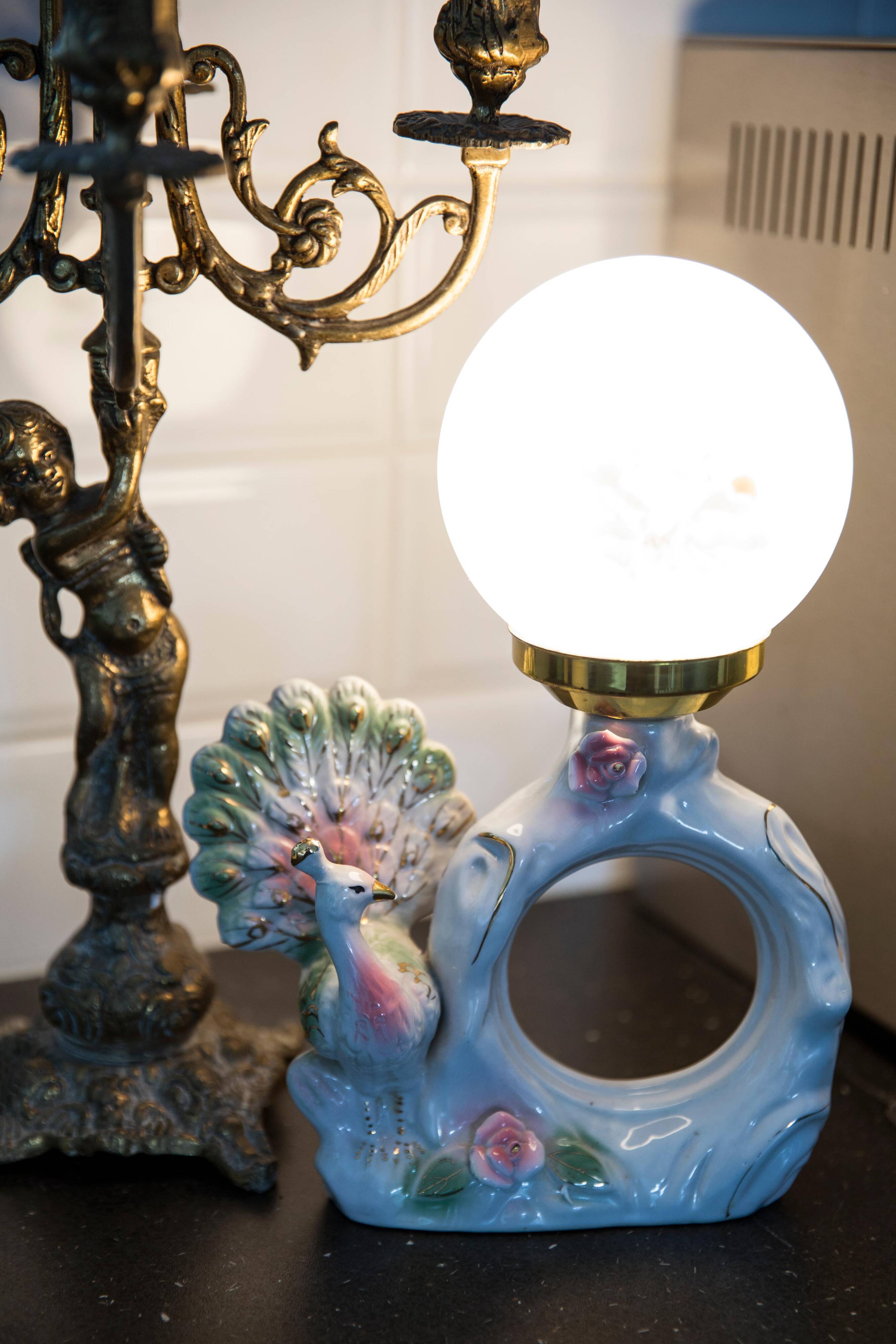 Mid-century white ceramic peacock table lamp, Europe, 1960s.