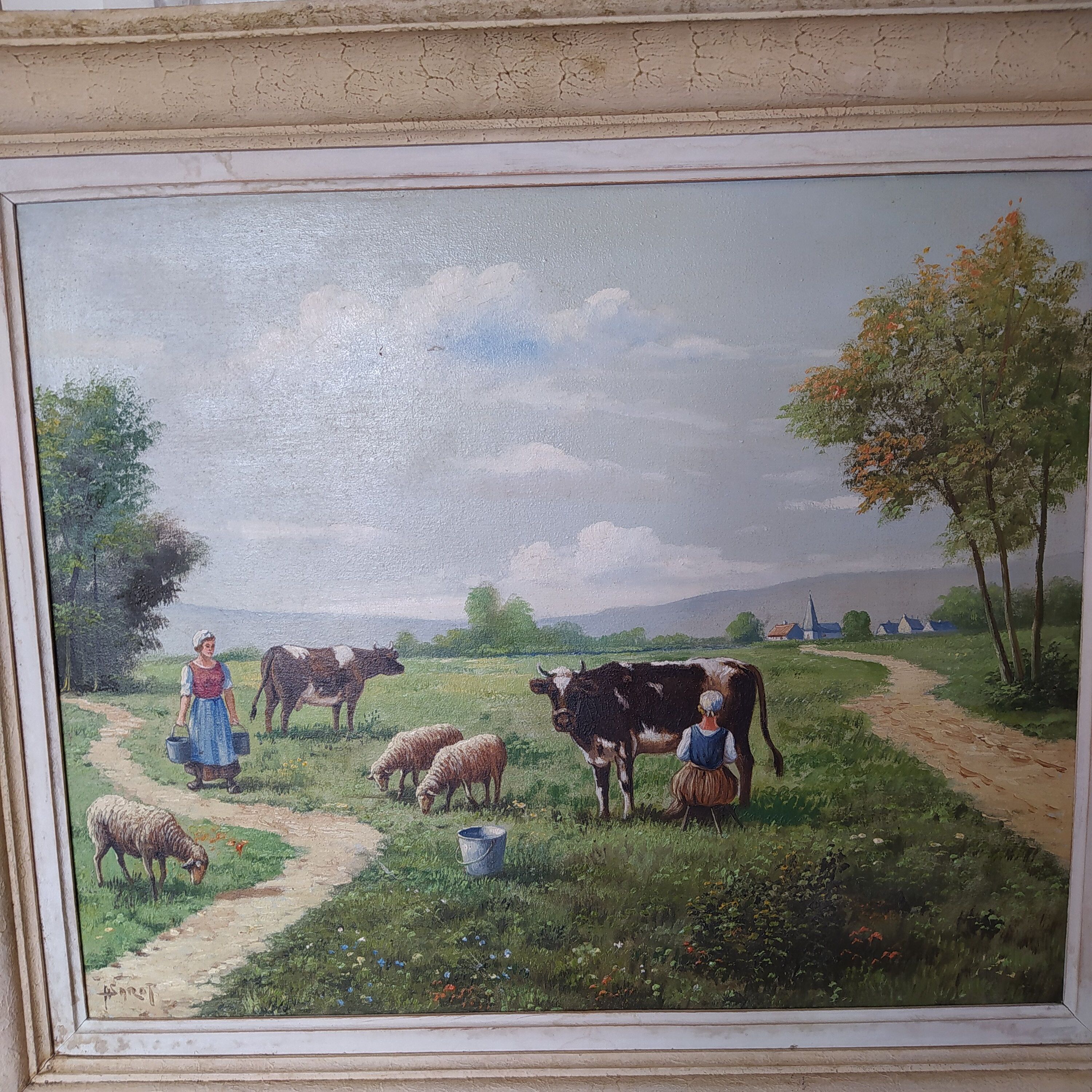 Tableau ancien 1950 la traite des vaches signee R Sarot