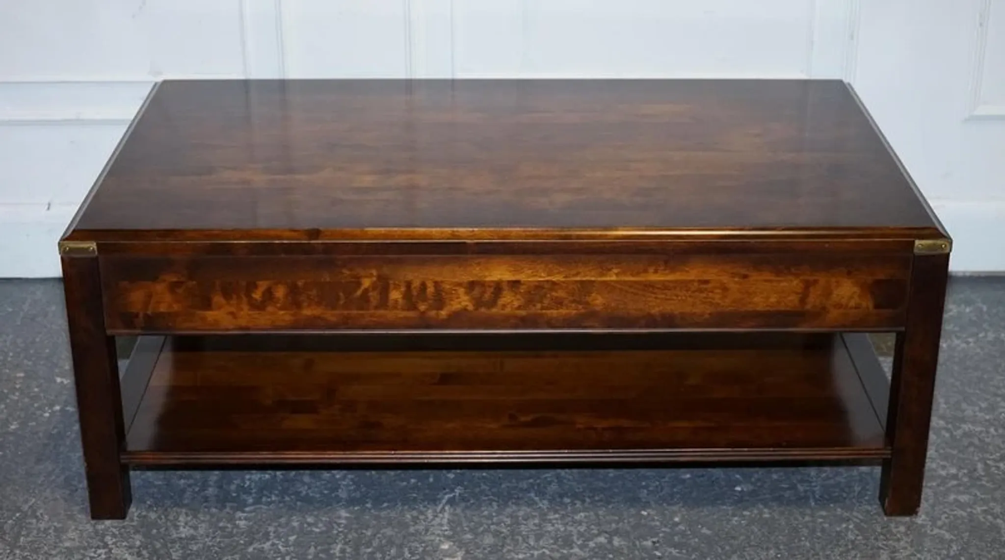 Vintage Military Campaign Coffee Table in Brass and Hardwood with Drawers