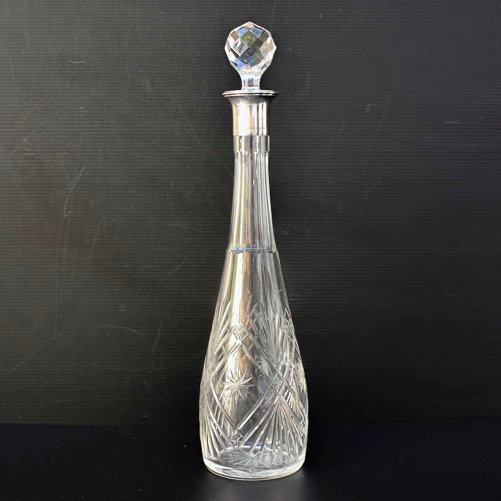 Carafe with antique glass liquor with diamond cap cut crystal silver frame