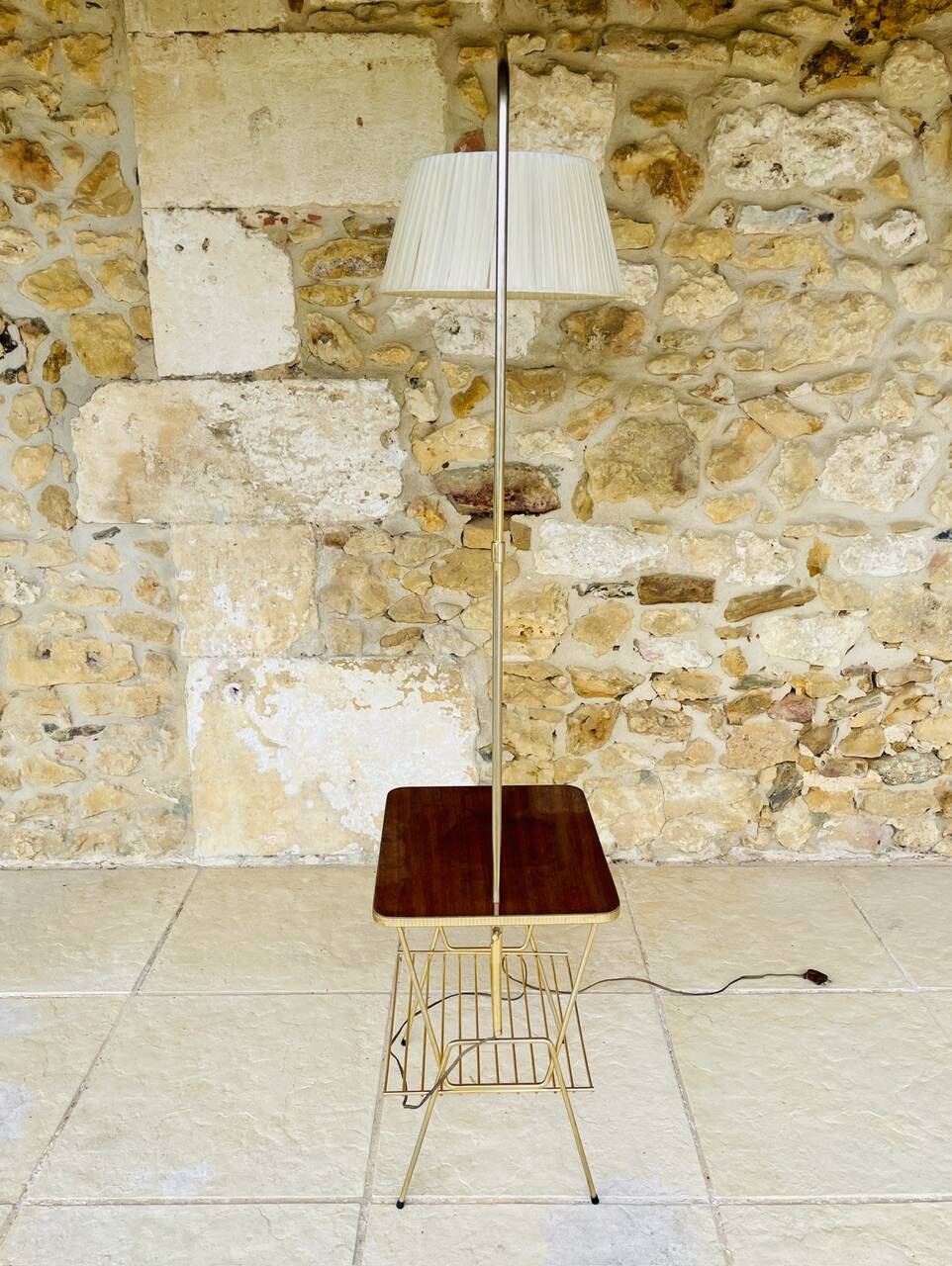 Vintage articulated floor lamp with shelf and magazine holder 1960s