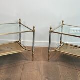 Pair of neoclassical side tables in steel and brass by Maison Jansen.