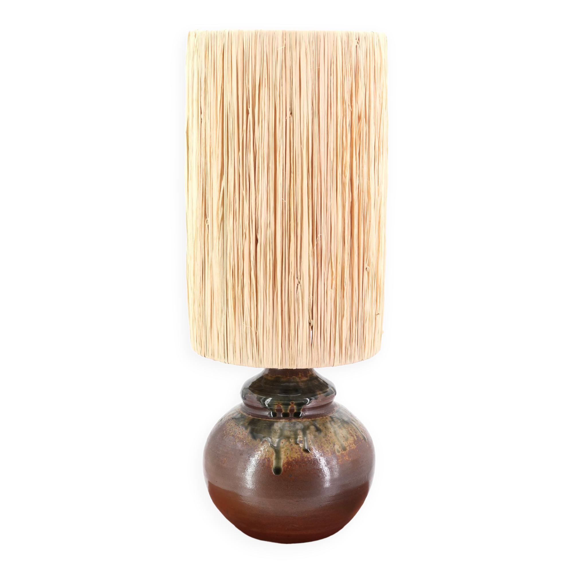 Puisaye stoneware lamp, raffia lampshade, 70s