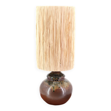Stoneware lamp from Puisaye, raffia lampshade, 1970s.