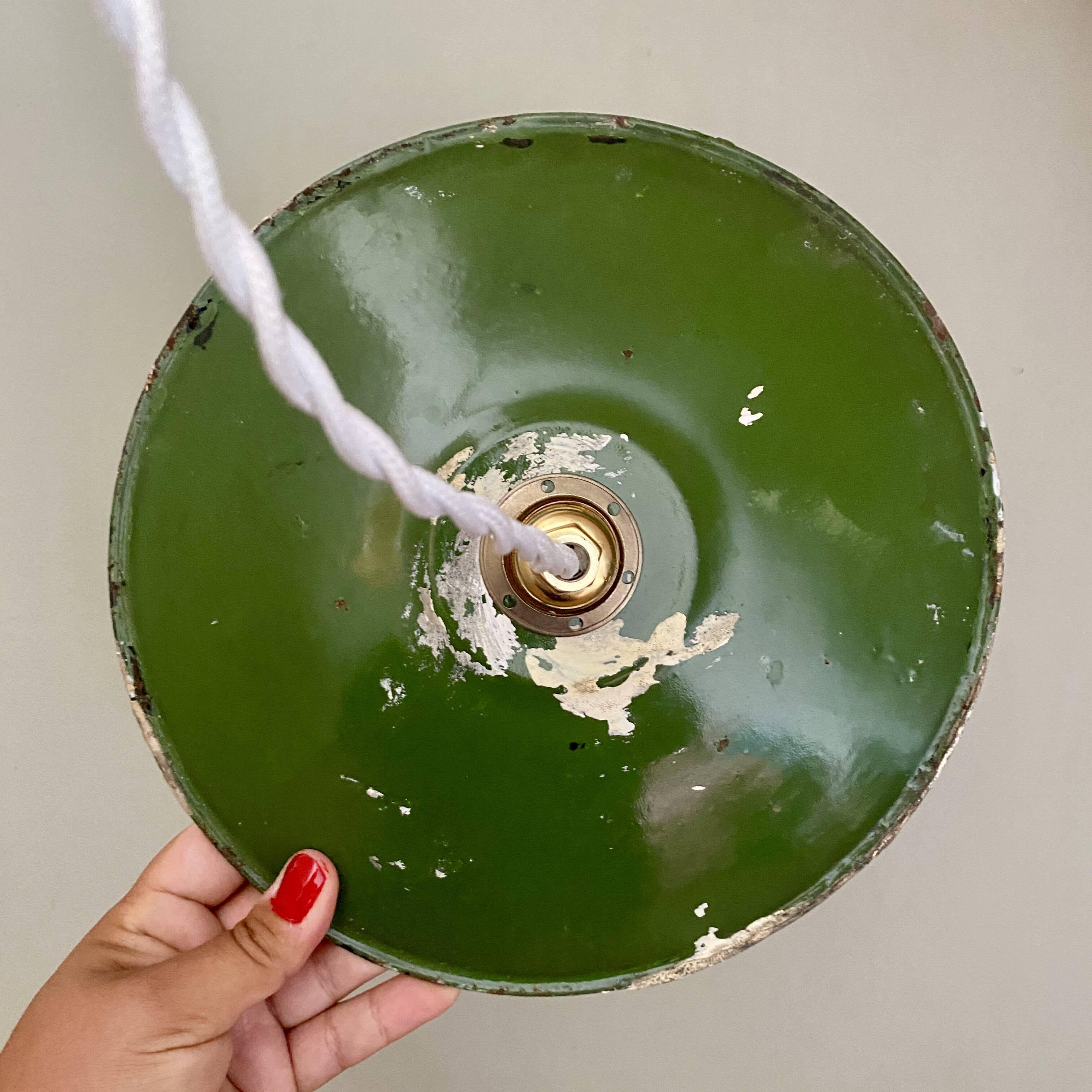 Vintage lampshade pendant light in green enameled sheet metal