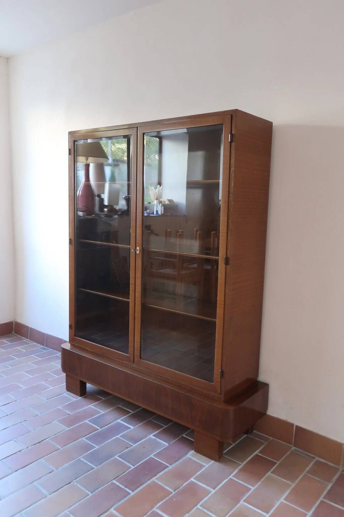 Glass library in walnut, Art Deco style, 1960s