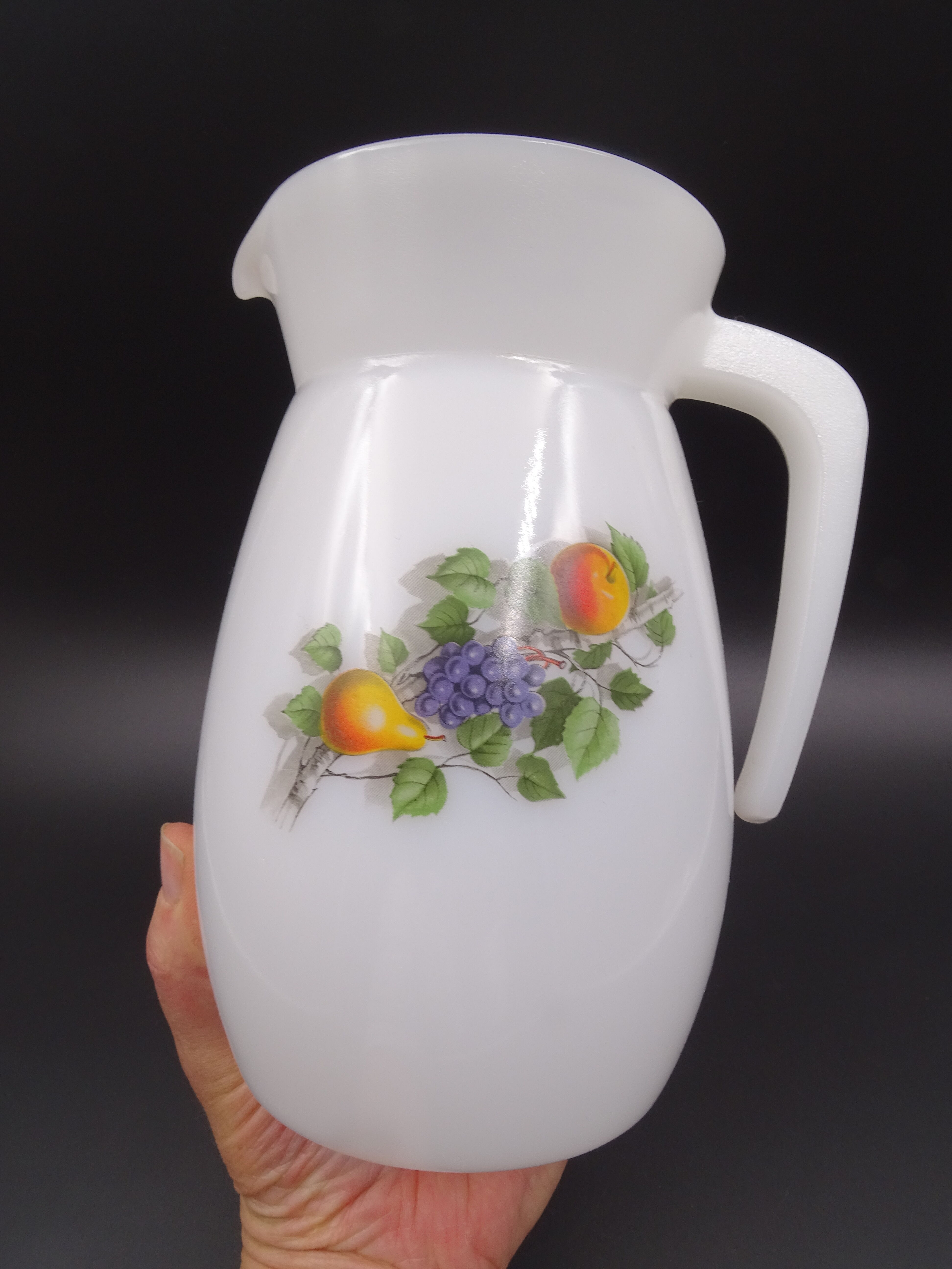 Pitcher or broc in opaline Arcopal fruit décor 1970