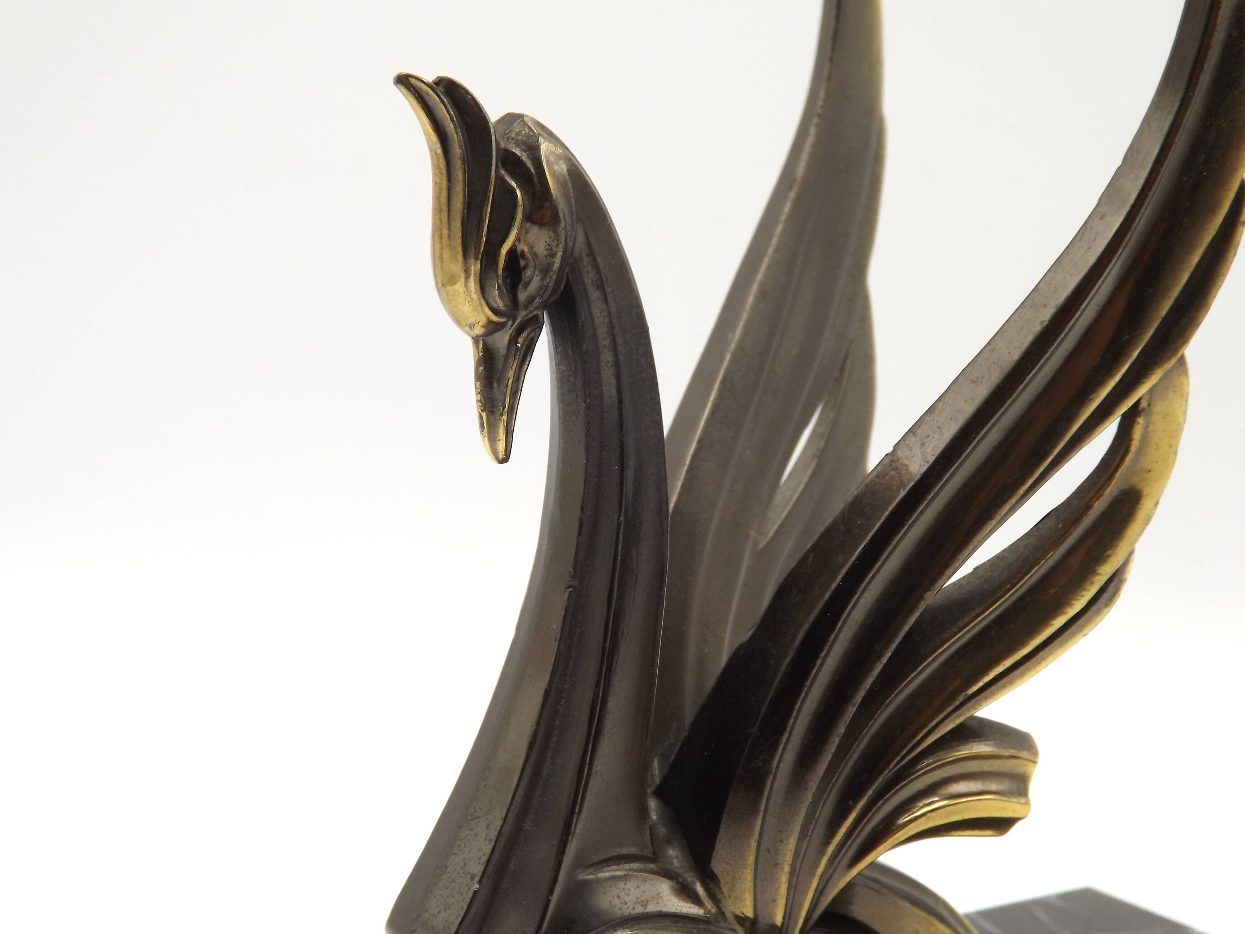 French Art Deco Bronzed Effect Spelter Swan Book Ends Black Marble Base