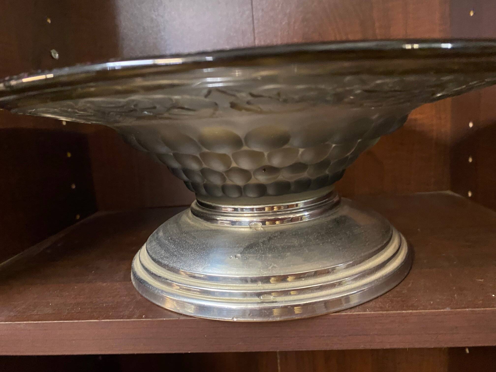 ART DECO FRUIT BOWL SMOKED GLASS PETUNIAS DECOR CHROME FOOT ROUND SHAPE