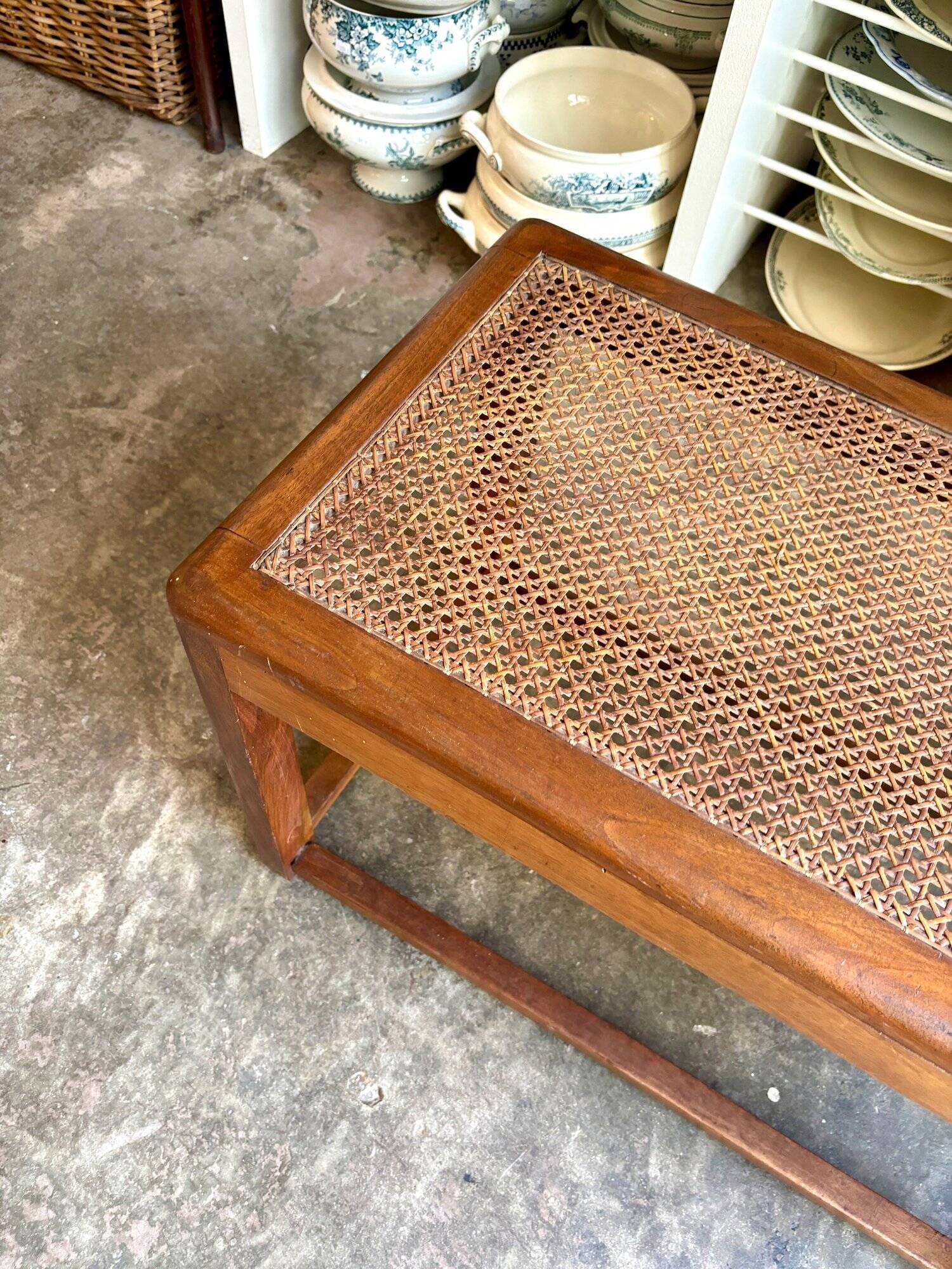 Canework and dark wood bench