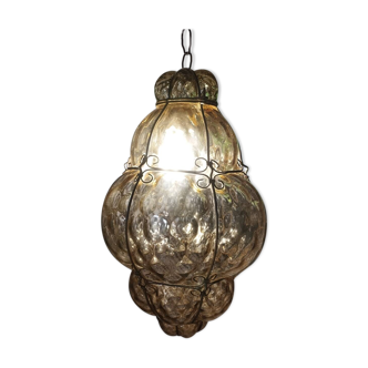 Venetian hanging lantern in smoked amber transparent murano glass cage, Italy, 1950s