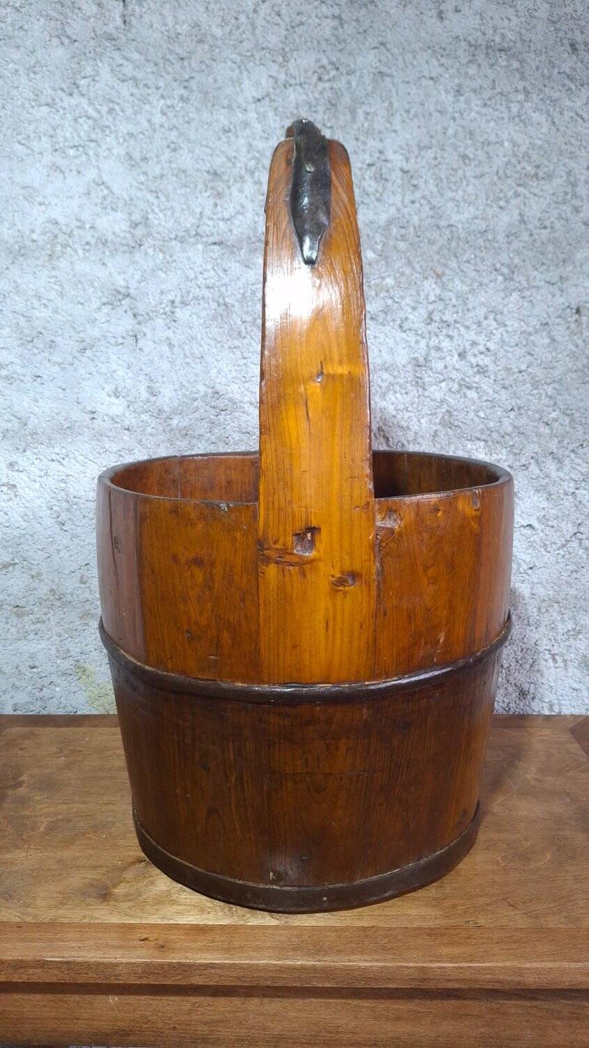Old wooden well bucket with wrought iron bands – Late 19th century