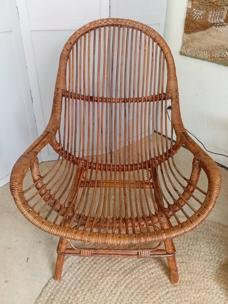 Pair of high-back rattan armchairs