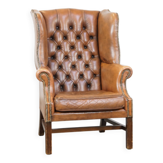 Fauteuil à oreilles Chesterfield anglais vintage en cuir de vache, couleur cognac clair
