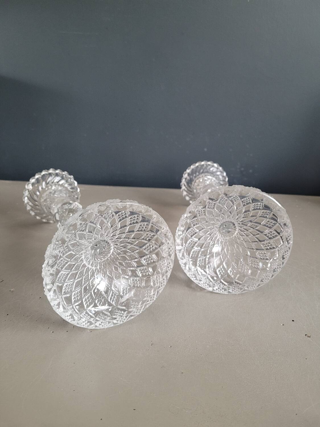 Pair of antique molded glass candlesticks