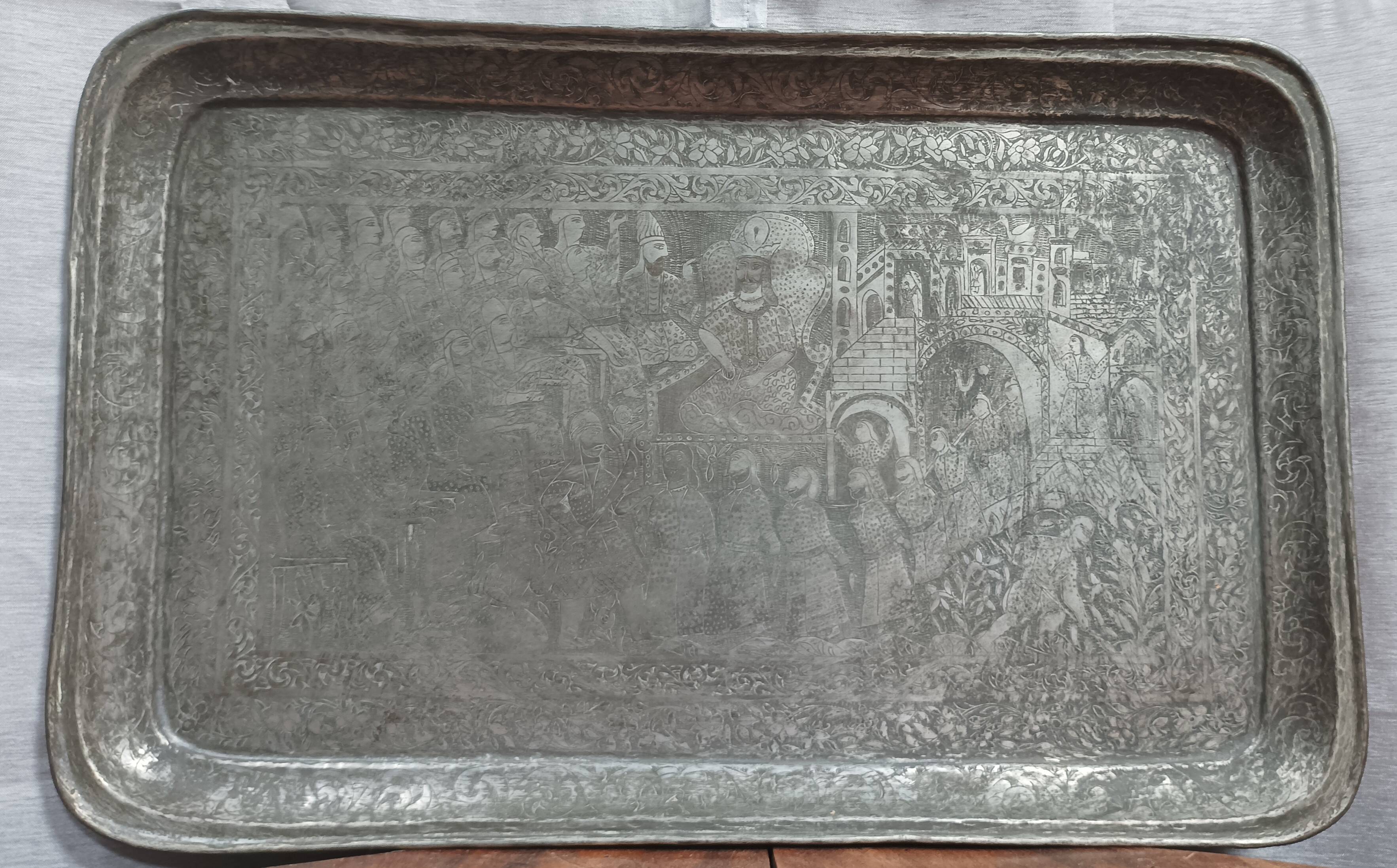 Old Persian tray in silver metal