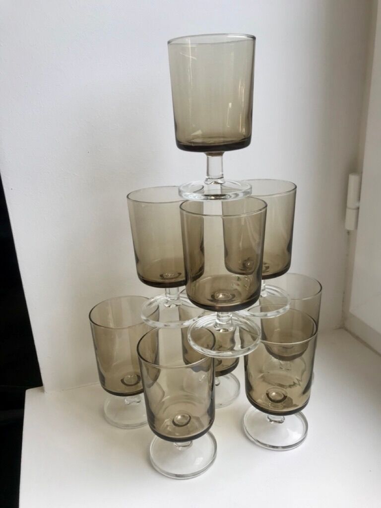 Set of 8 70s smoked glass wine glasses