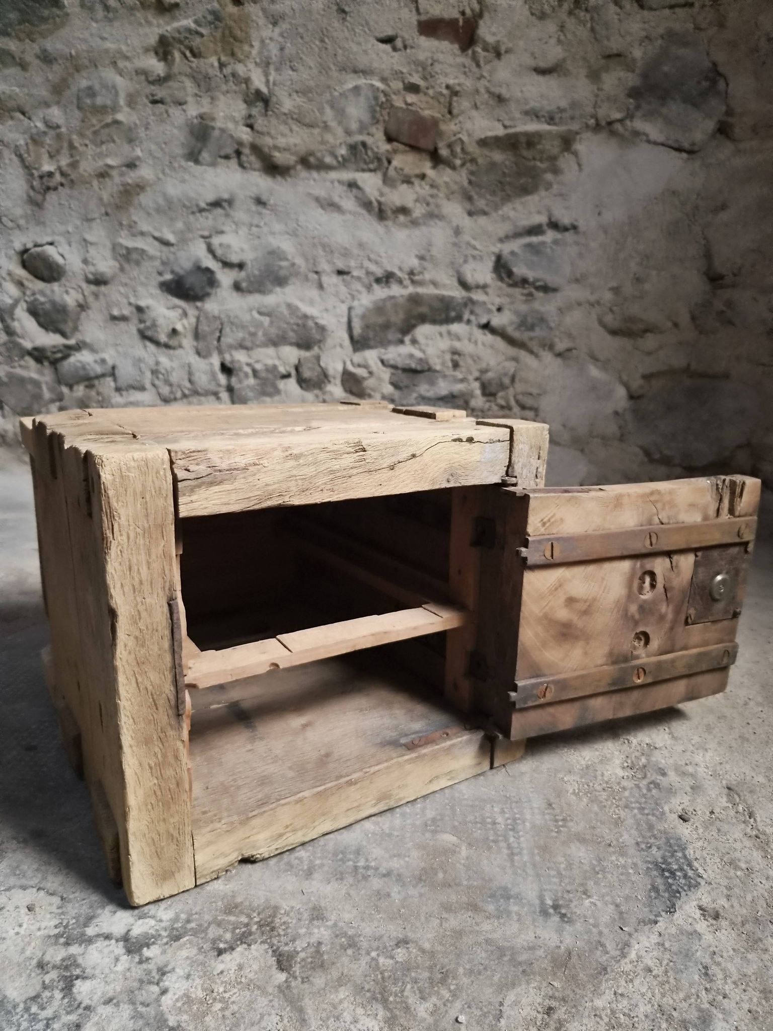 French antique oak safe, lockable rustic chest, circa 1750–1850.