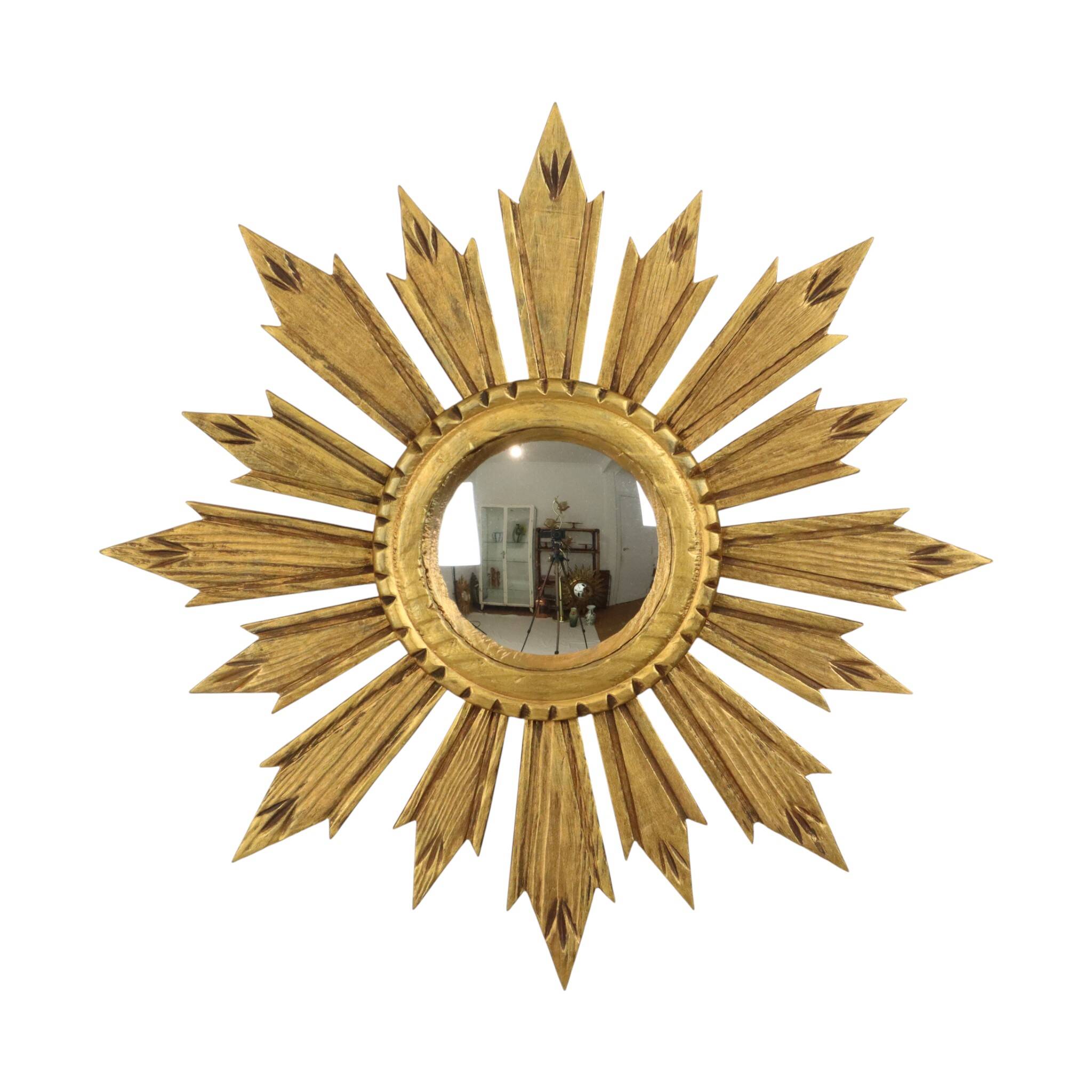 Vintage Wooden Sunburst Sun Mirror Convex France 51cm