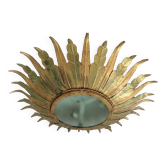 Chandelier / ceiling light golden sun metal glass, 1960s