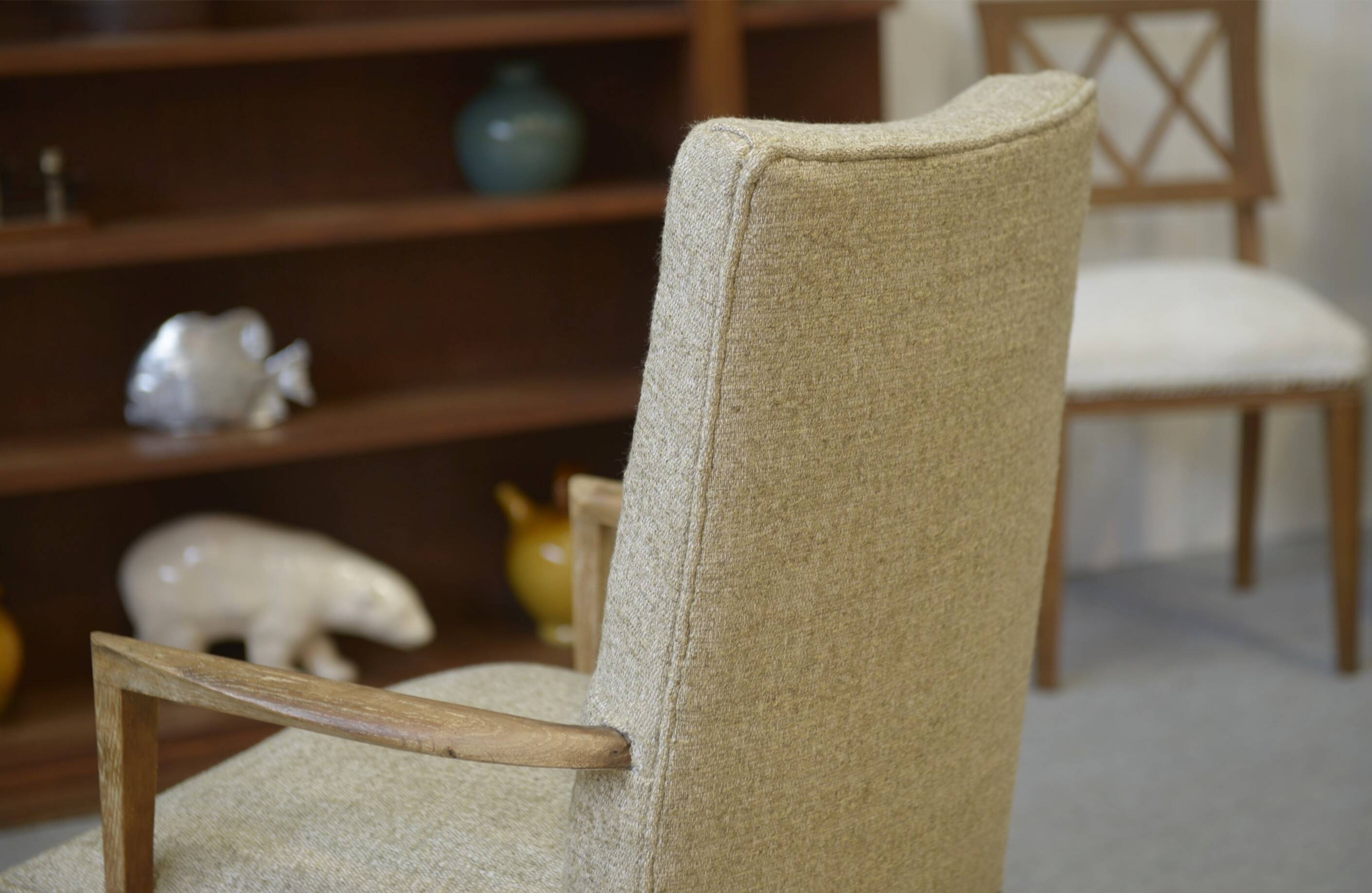 Rare pair of cerused oak armchairs, confidential creation attributed to Suzanne Guiguichon, 1940s.
