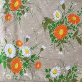 Nappe vintage Moissac fleuri et 8 serviettes neuf - beige orange vert neuf