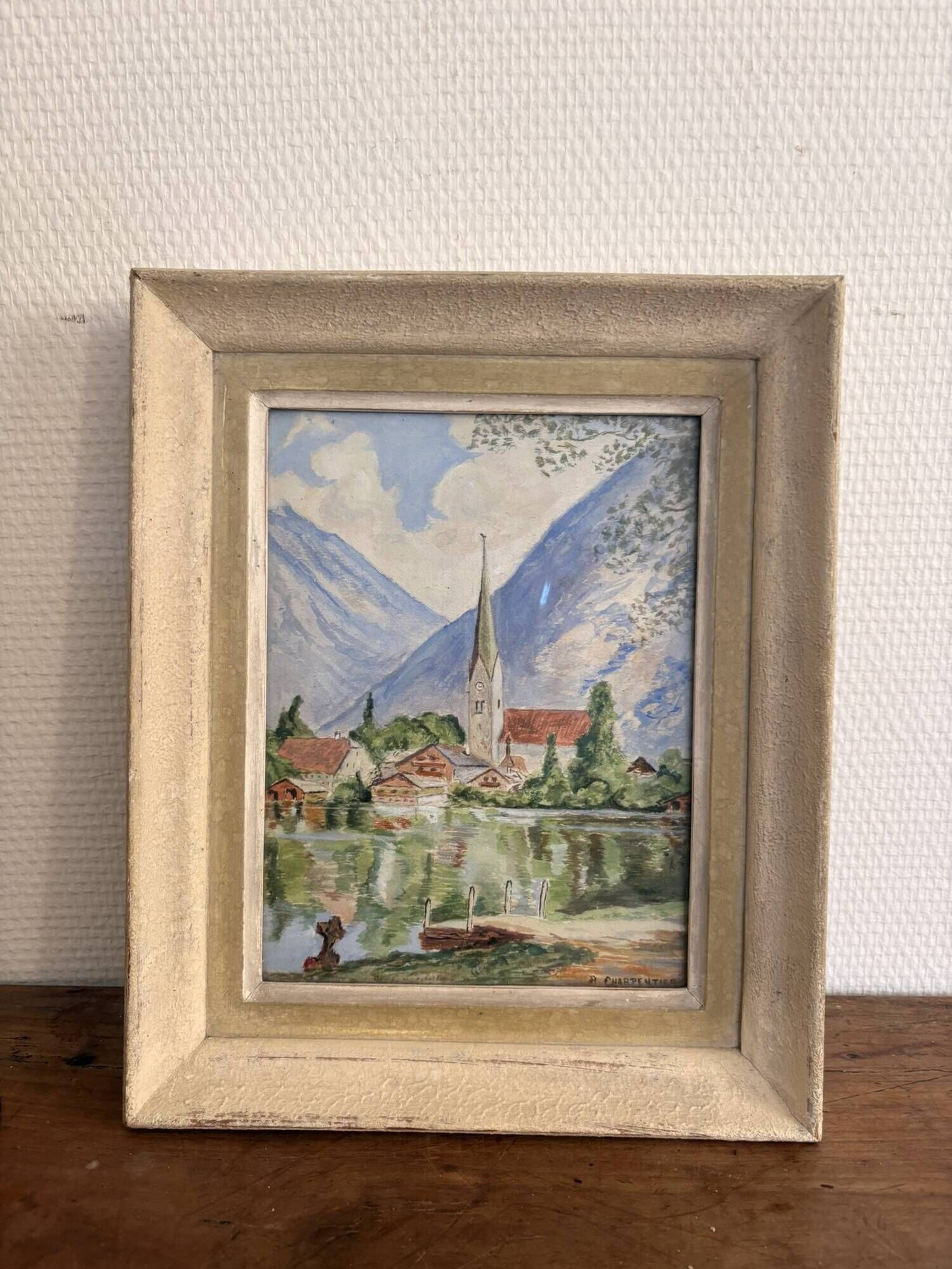 Watercolour Painting of a Village by the Lake Charpentier Mountain