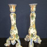 Pair of large polychrome ceramic candlesticks – Floral decoration – H 34 cm