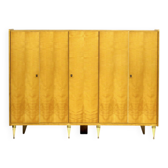 Large vintage mid century modern 5-door wardrobe in flamed maple, 1960s