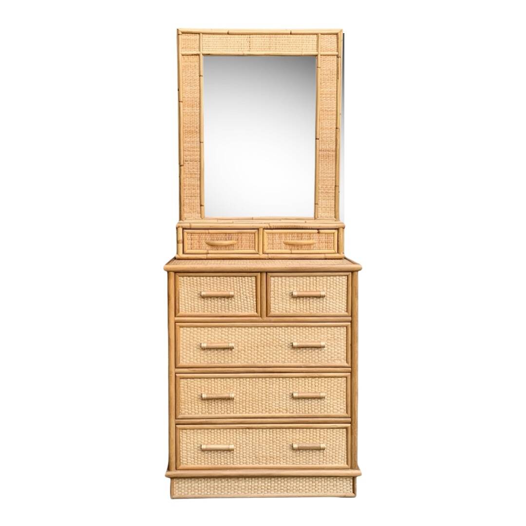 Rattan and woven wicker chest of drawers and mirror, 1970