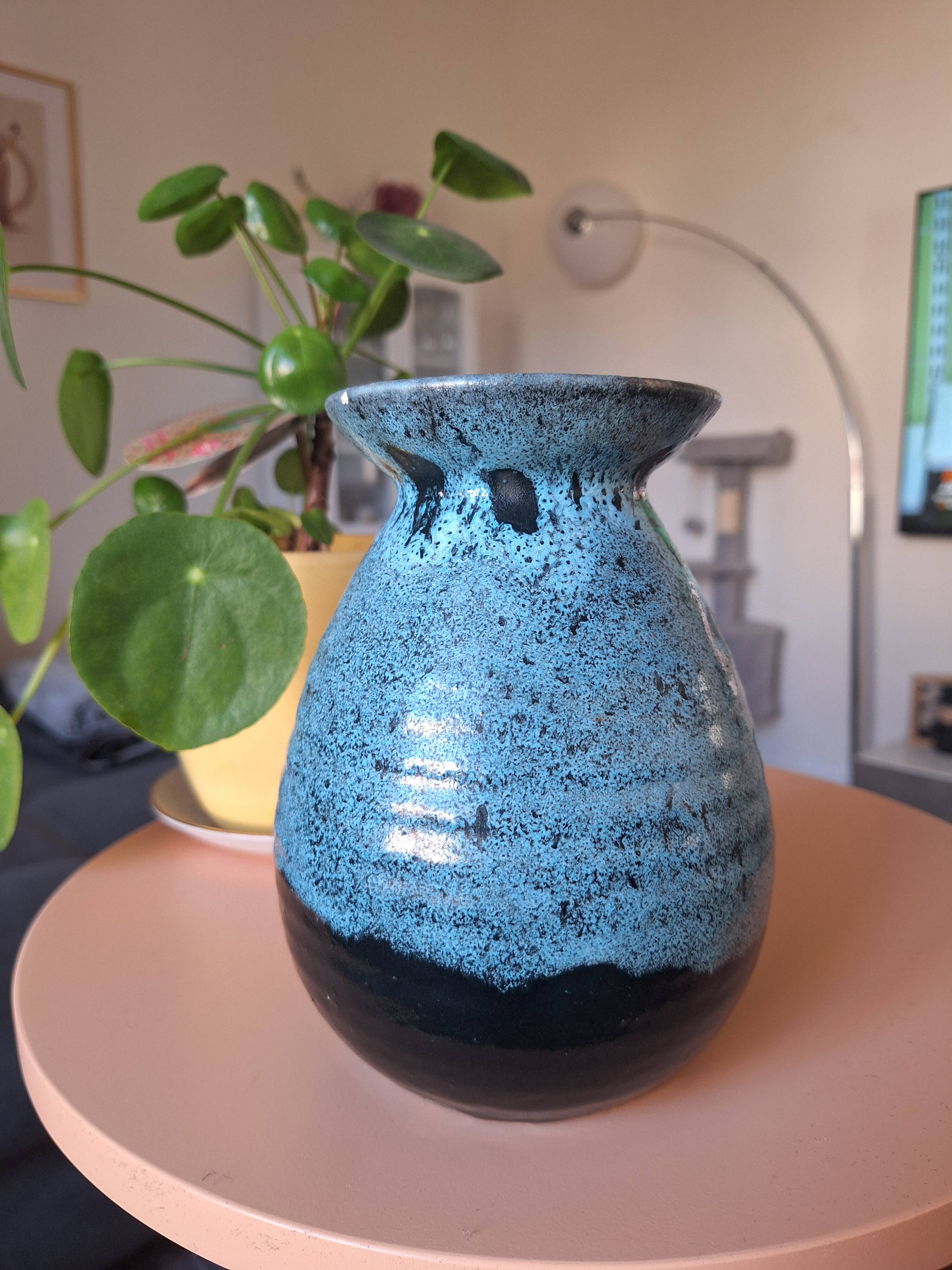 Vintage Accolay ceramic vase - speckled blue enamel - signed - 17 cm