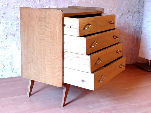 Renovated vintage chest of drawers with compass legs in light gilded wood, 1950-1960