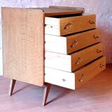 Renovated vintage chest of drawers with compass legs in light gilded wood, 1950-1960