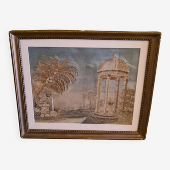 French silk embroidery depicting the temple de l'amour from the 18th century