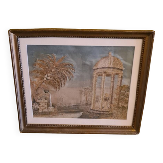 French silk embroidery depicting the temple de l'amour from the 18th century
