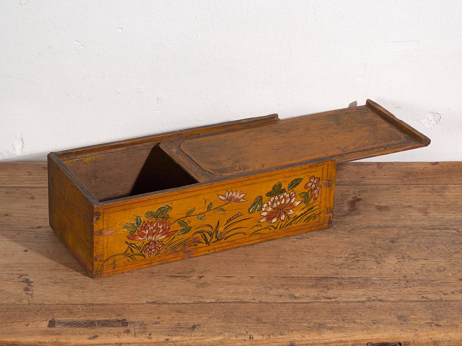 Antique Asian ochre-colored box with lotus flowers (c.1900) #1