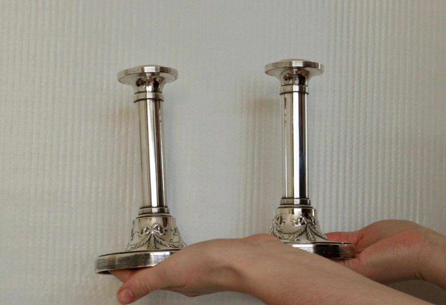 Pair of mid-century silver-plated metal candleholders