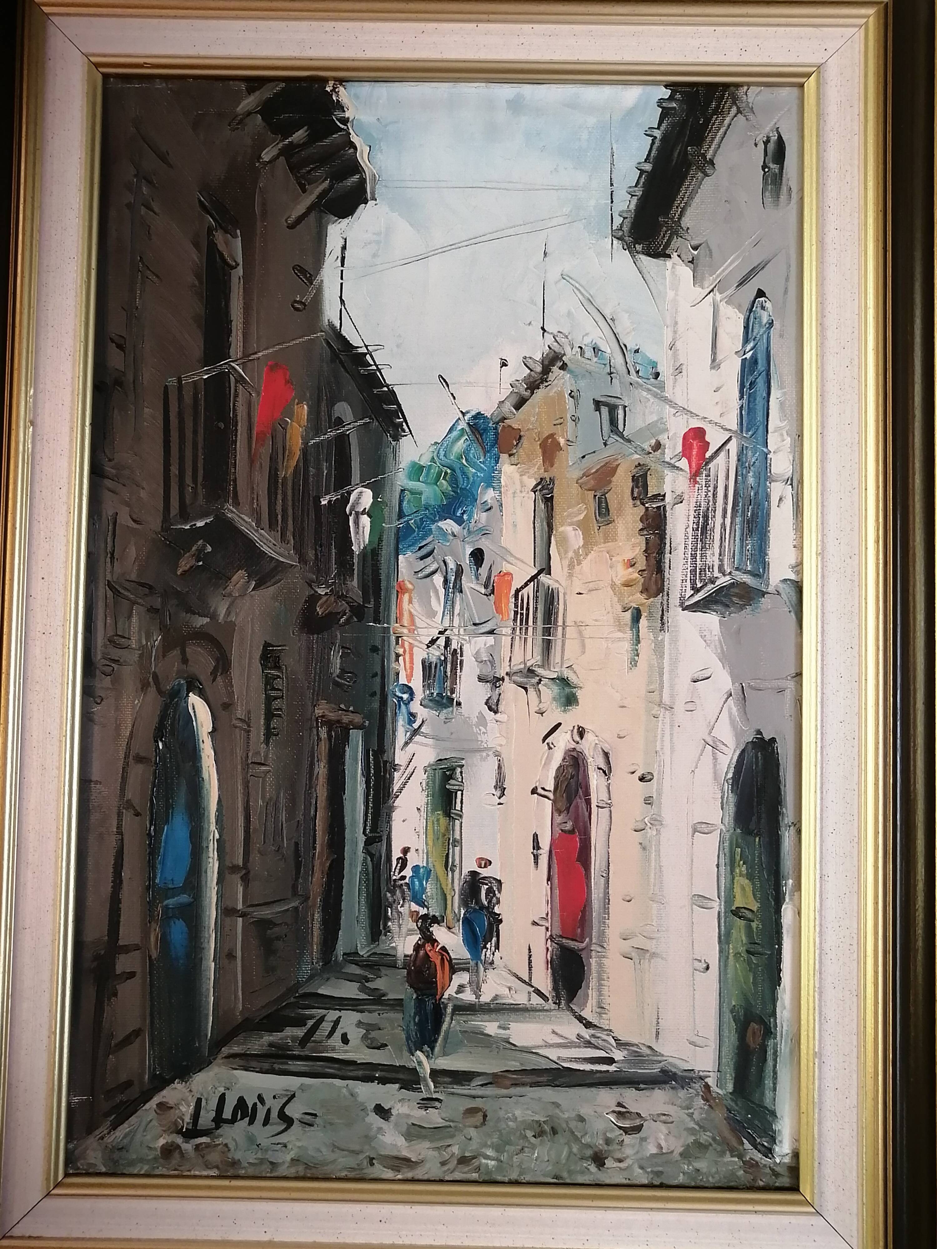 Street landscape - oil on canvas, framed and signed (to be deciphered)