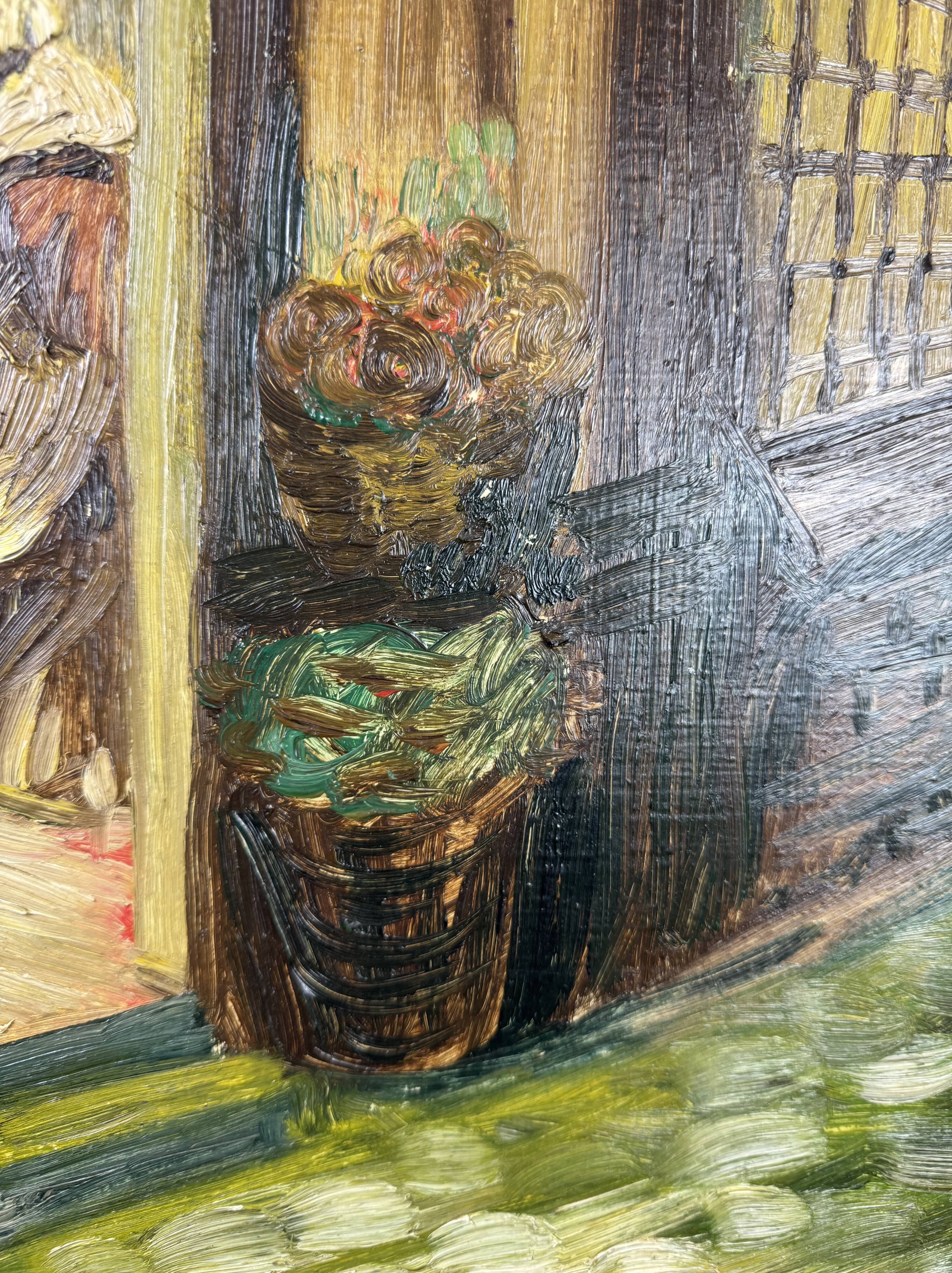 French School, early 20th century: oil on panel, lively street in Brittany