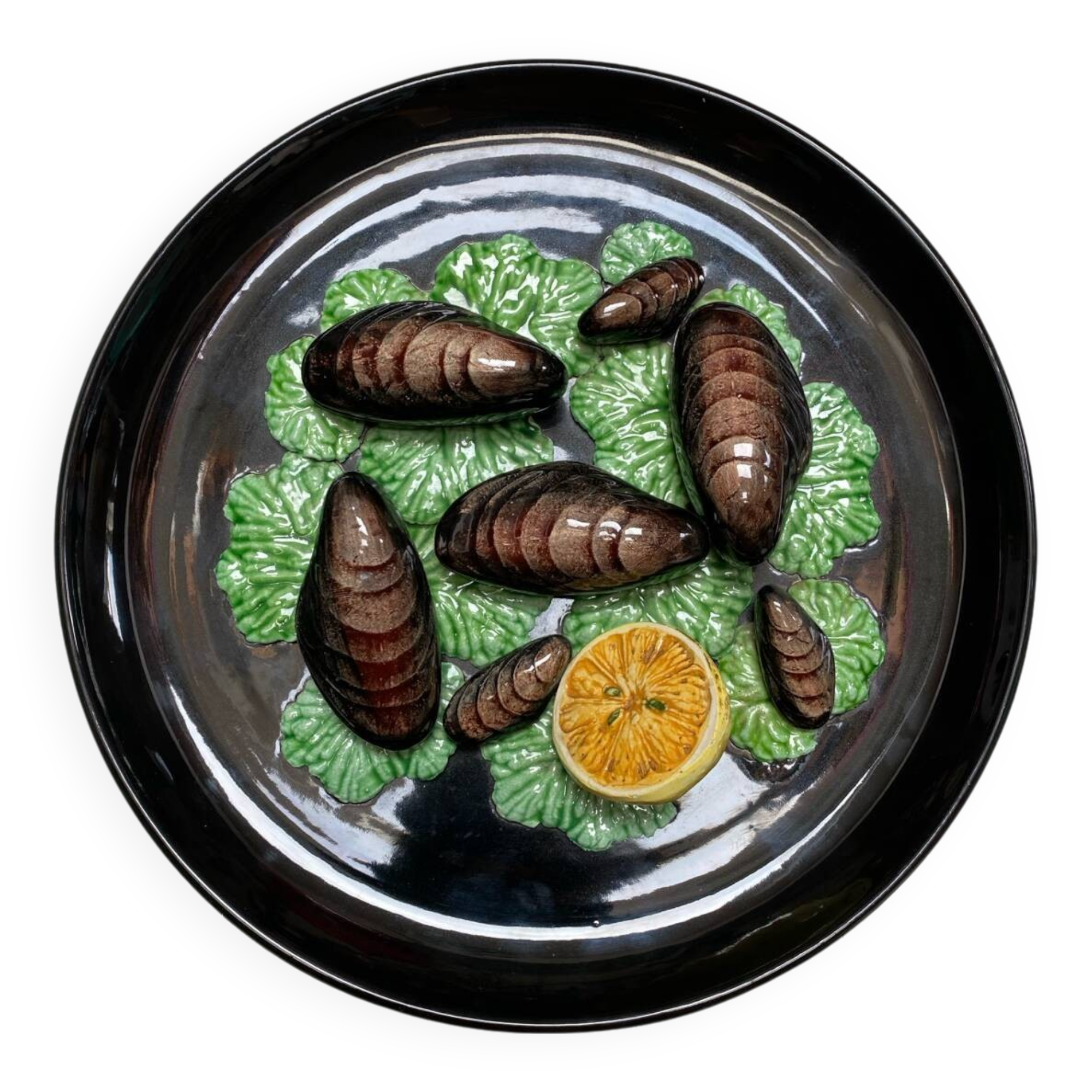Assiette vintage barbotine Vallauris trompe l’oeil
