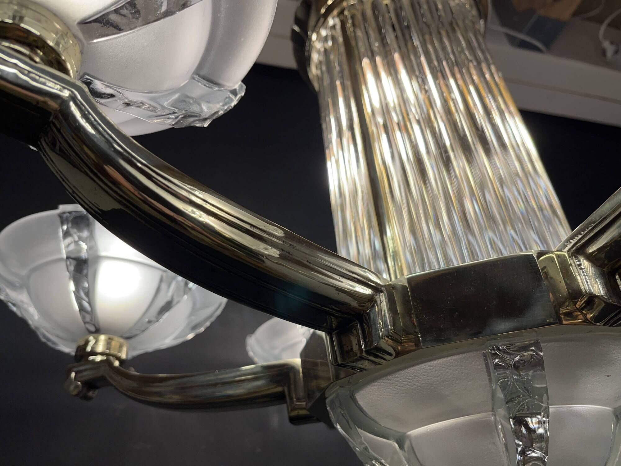Art deco chandelier with chopsticks spirit Petitot bronze frosted glass Skyscraper
