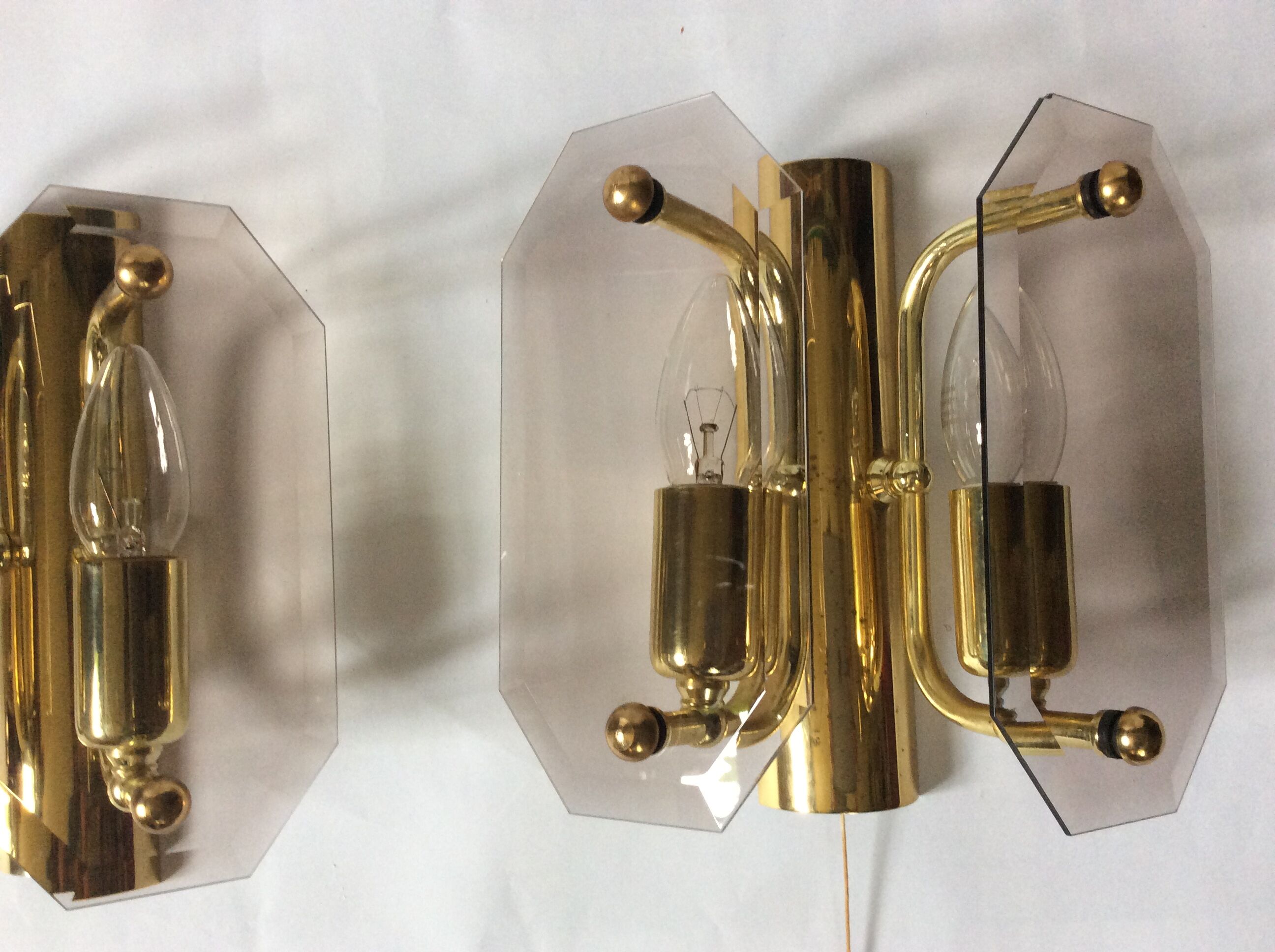 3 brass and vintage glass wall sconces