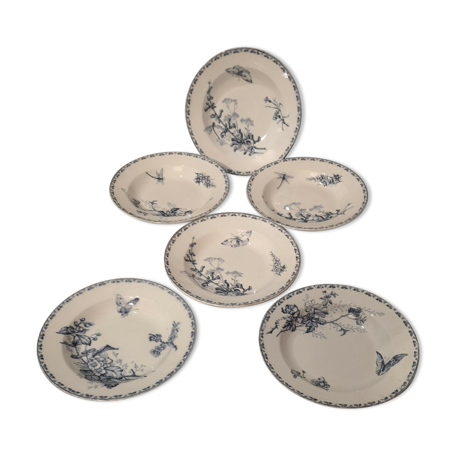 Series of 6 hollow plates in Sarreguemines earthenware model Carmen