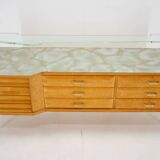 1960s italian sideboard/chest of drawers in high gloss finish with glass top and shelf